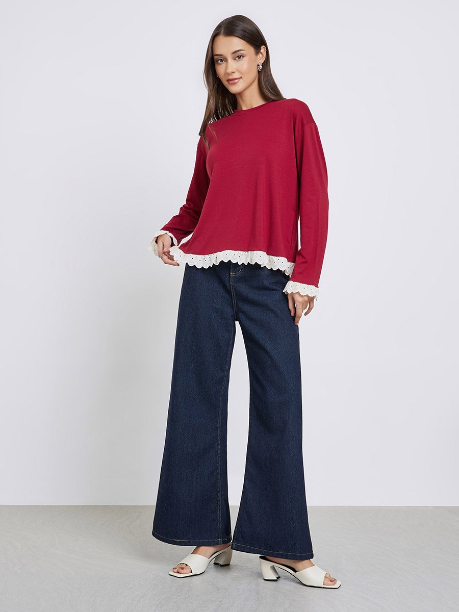 Burgundy Knitted Top with Lace Trim