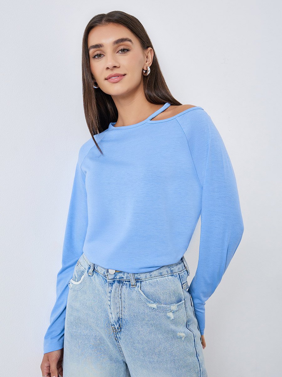 Blue Long Sleeve Cutout Shoulder T-Shirt