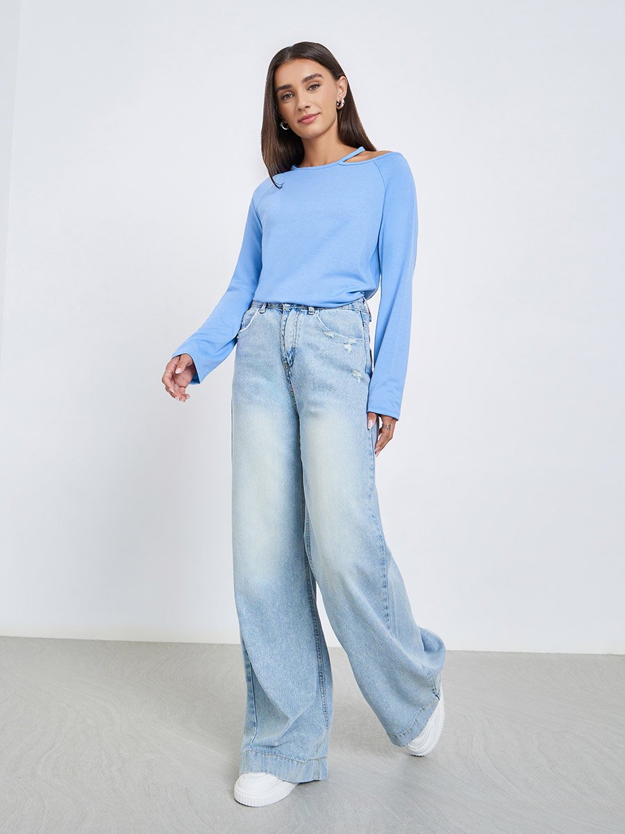 Blue Long Sleeve Cutout Shoulder T-Shirt