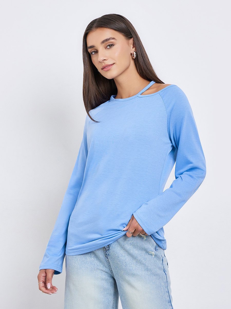 Blue Long Sleeve Cutout Shoulder T-Shirt