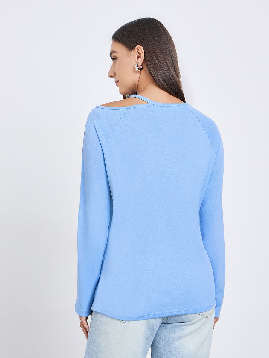 Blue Long Sleeve Cutout Shoulder T-Shirt