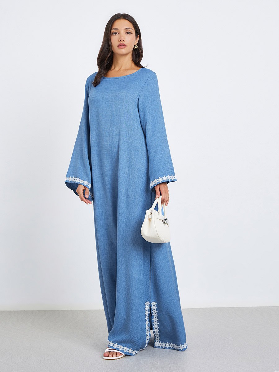 Women Blue Lace Trim Slit Hem Jalabiya