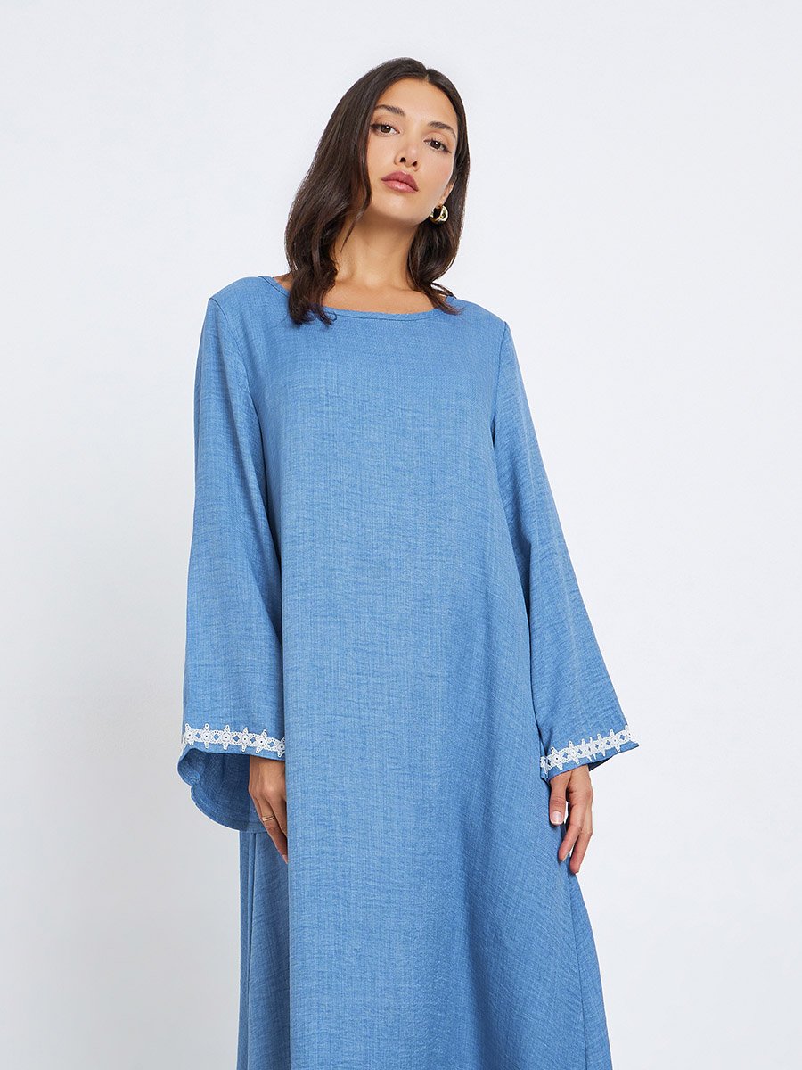 Women Blue Lace Trim Slit Hem Jalabiya