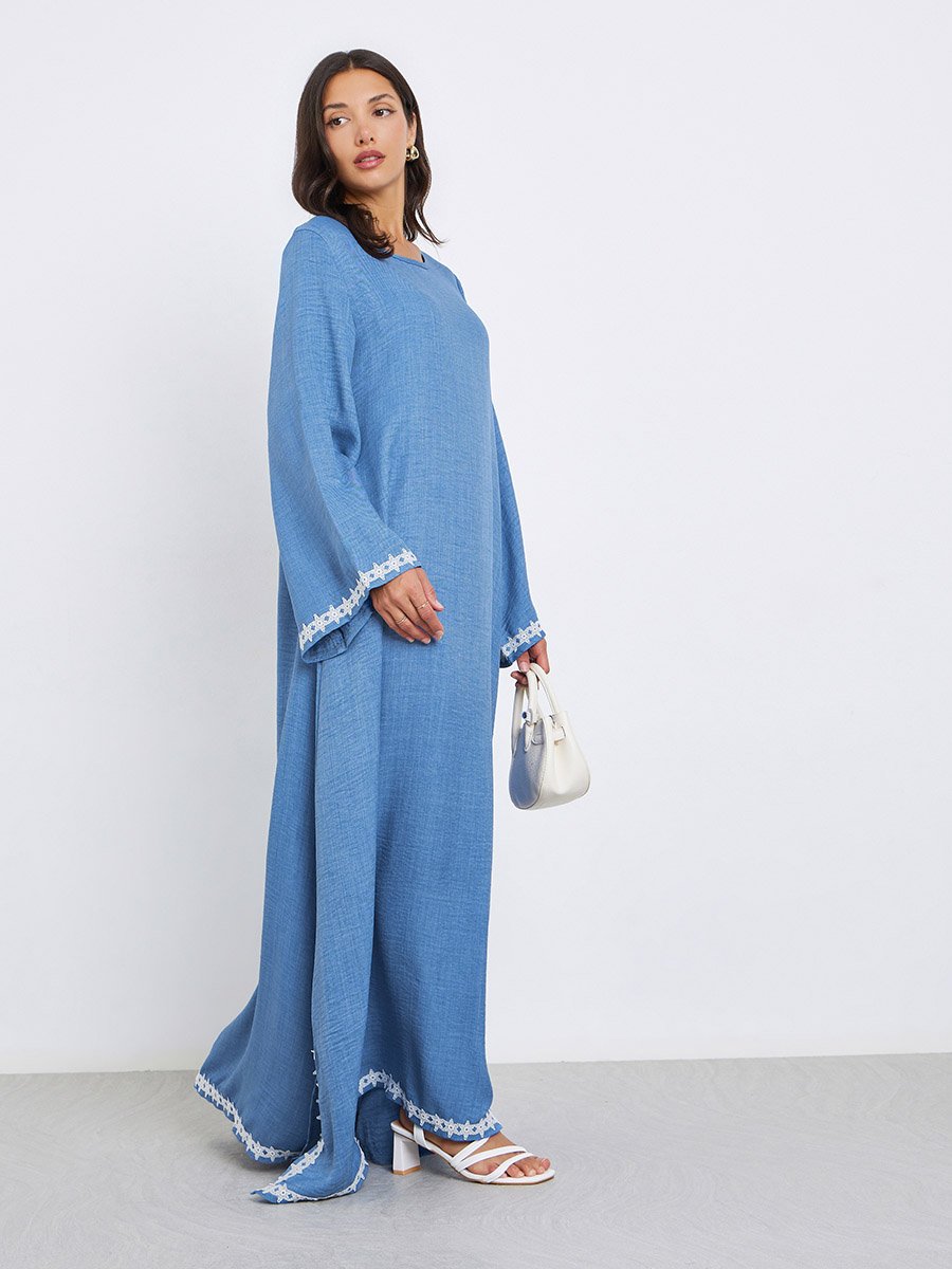 Women Blue Lace Trim Slit Hem Jalabiya
