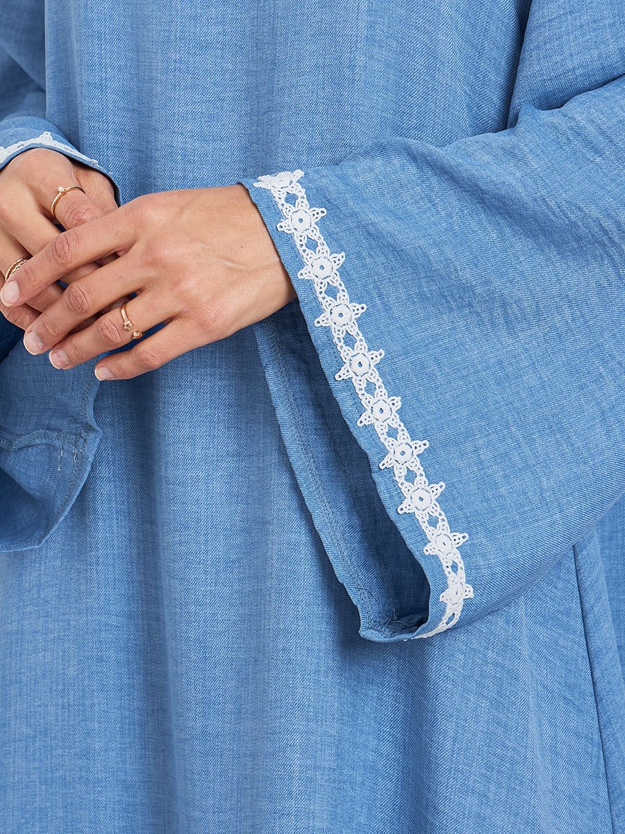 Women Blue Lace Trim Slit Hem Jalabiya