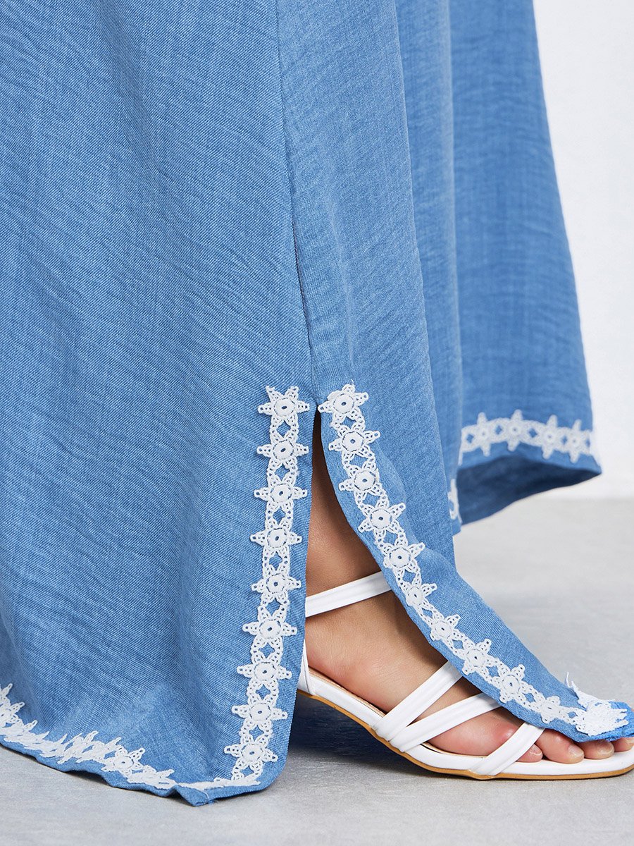 Women Blue Lace Trim Slit Hem Jalabiya
