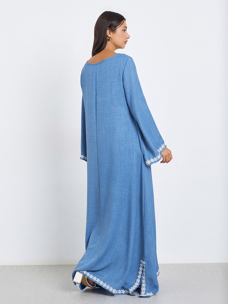 Women Blue Lace Trim Slit Hem Jalabiya