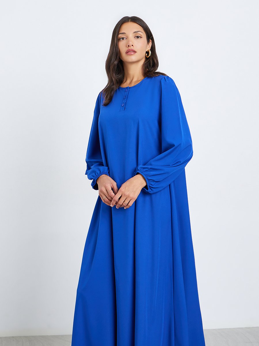 Women Blue Balloon Sleeve Front Buttoned Jalabiya