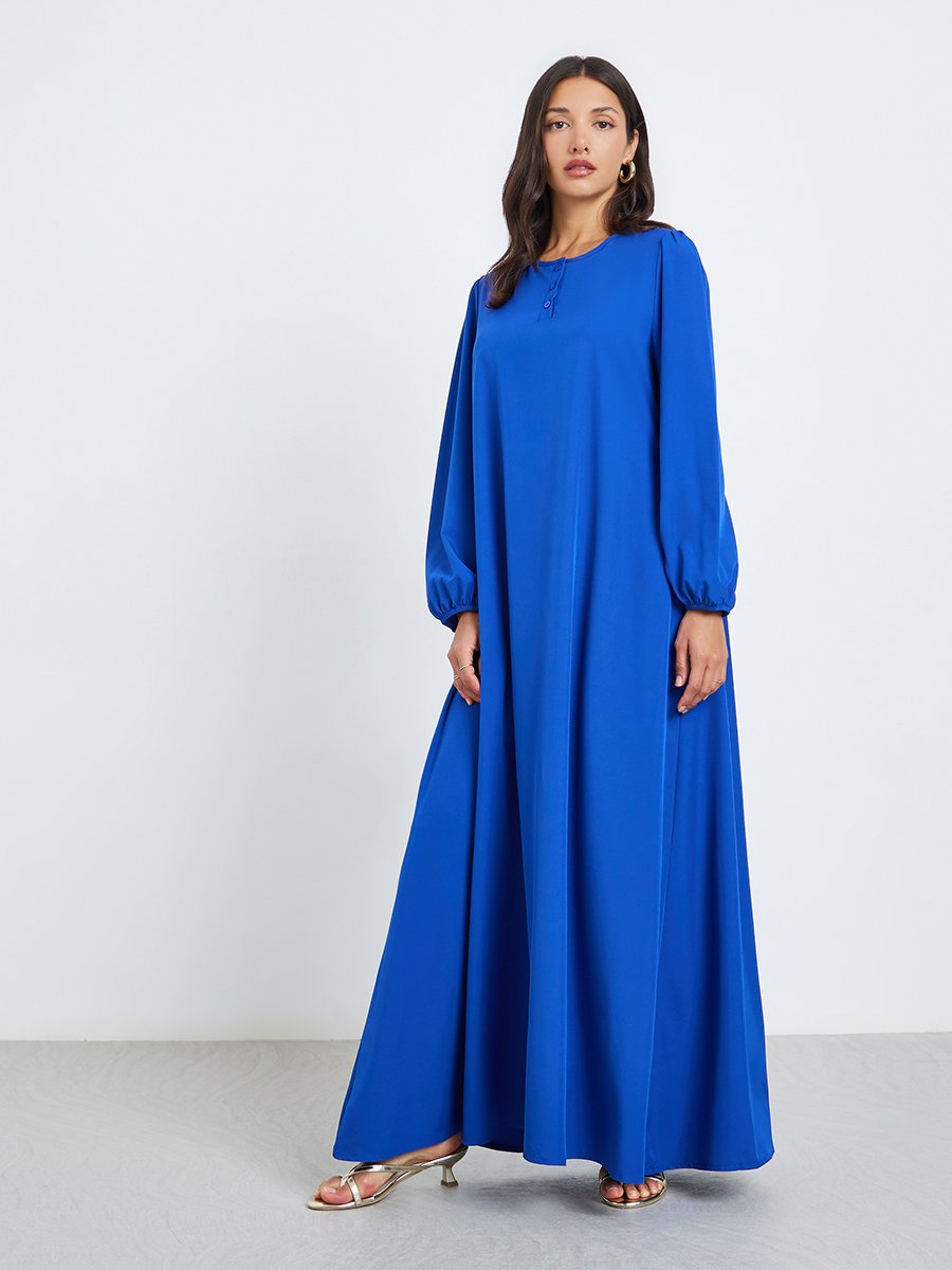 Women Blue Balloon Sleeve Front Buttoned Jalabiya