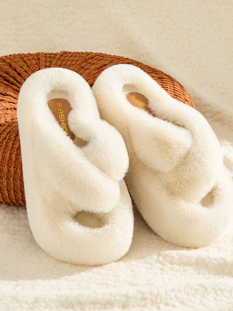 White Faux Fur Cross Band Slippers