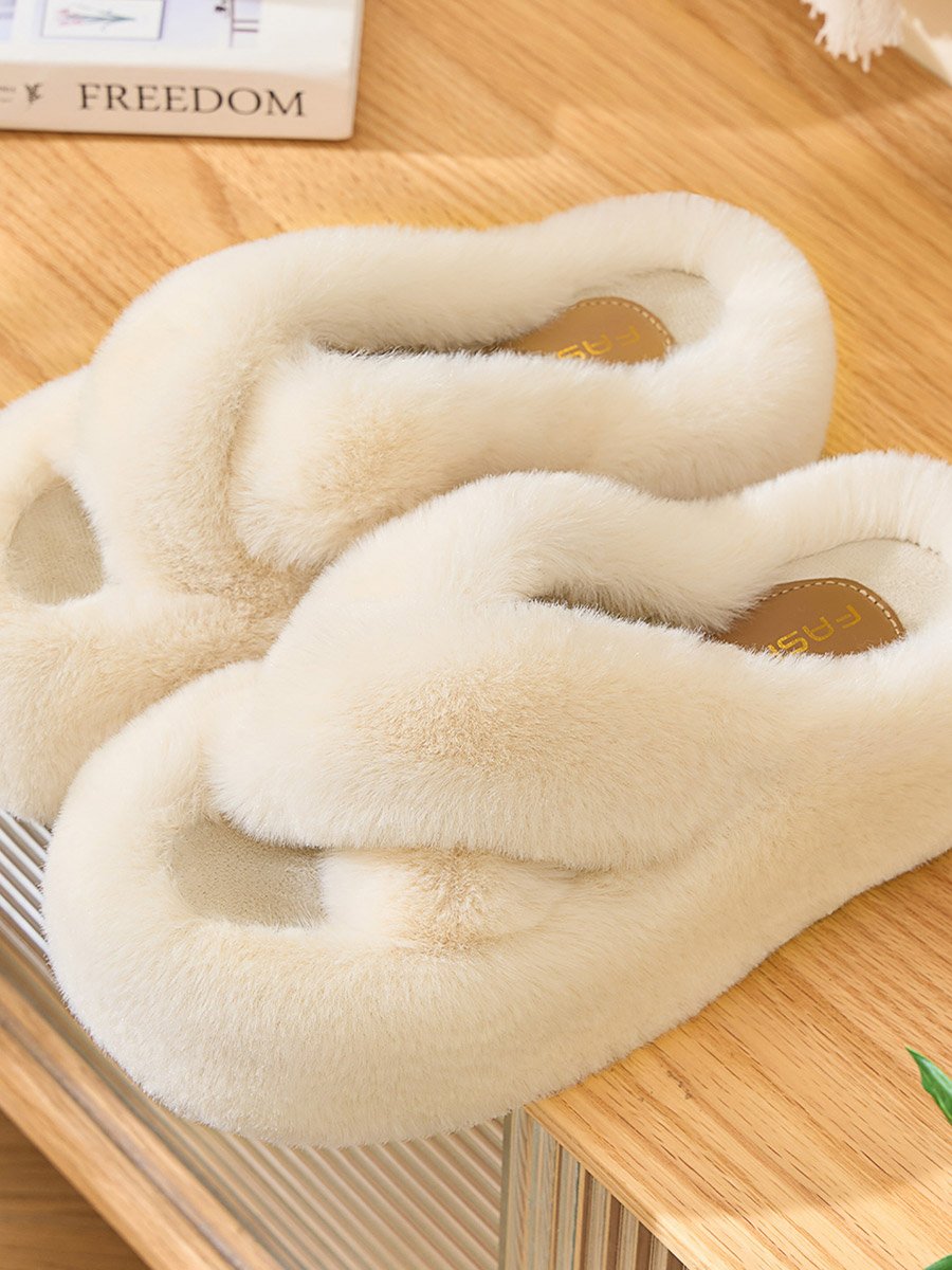 White Faux Fur Cross Band Slippers