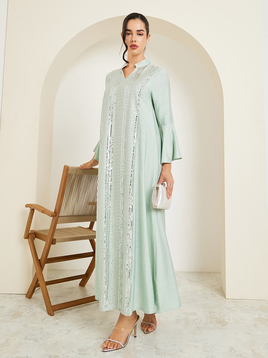 Green Sequined Embroidery Jalabiya with Bell Sleeves