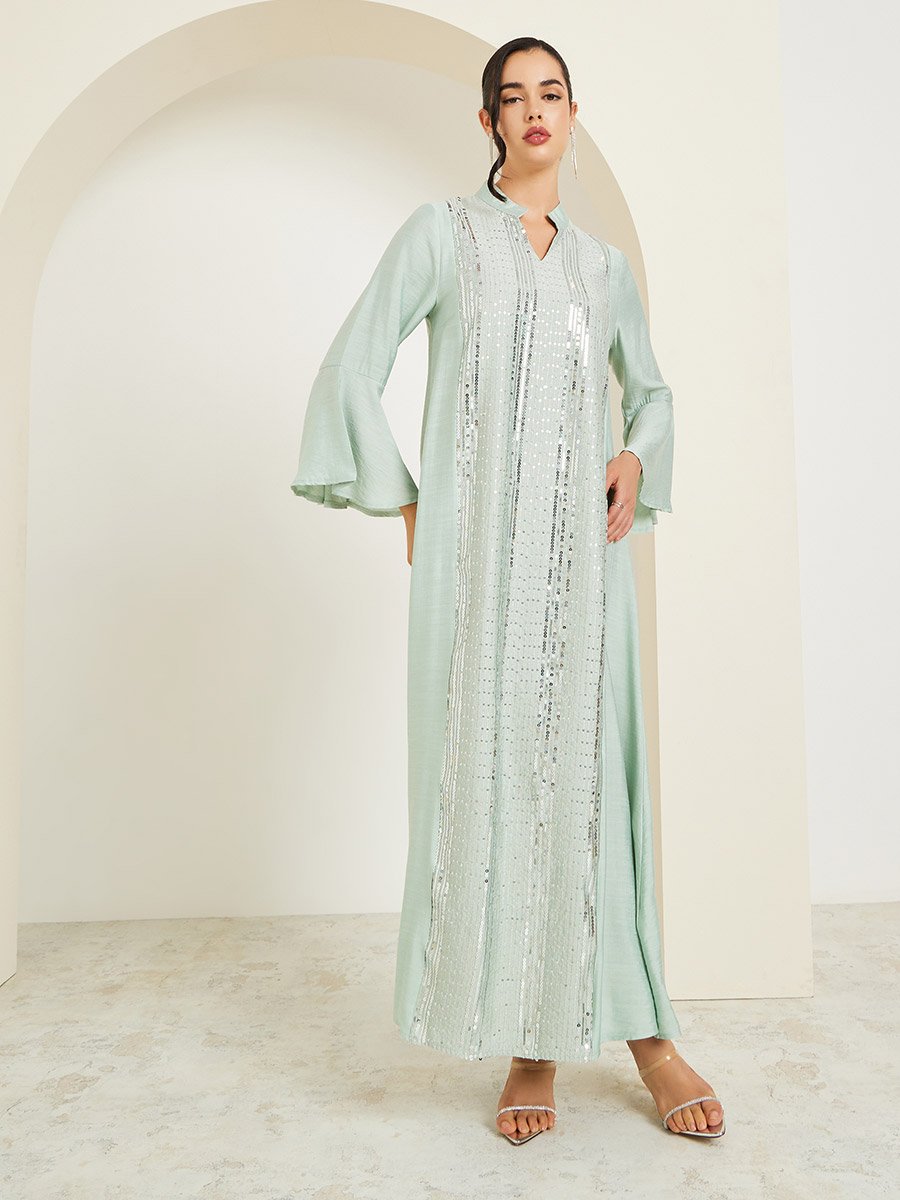 Green Sequined Embroidery Jalabiya with Bell Sleeves