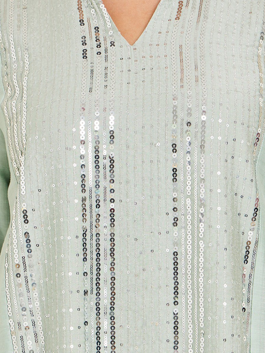 Green Sequined Embroidery Jalabiya with Bell Sleeves