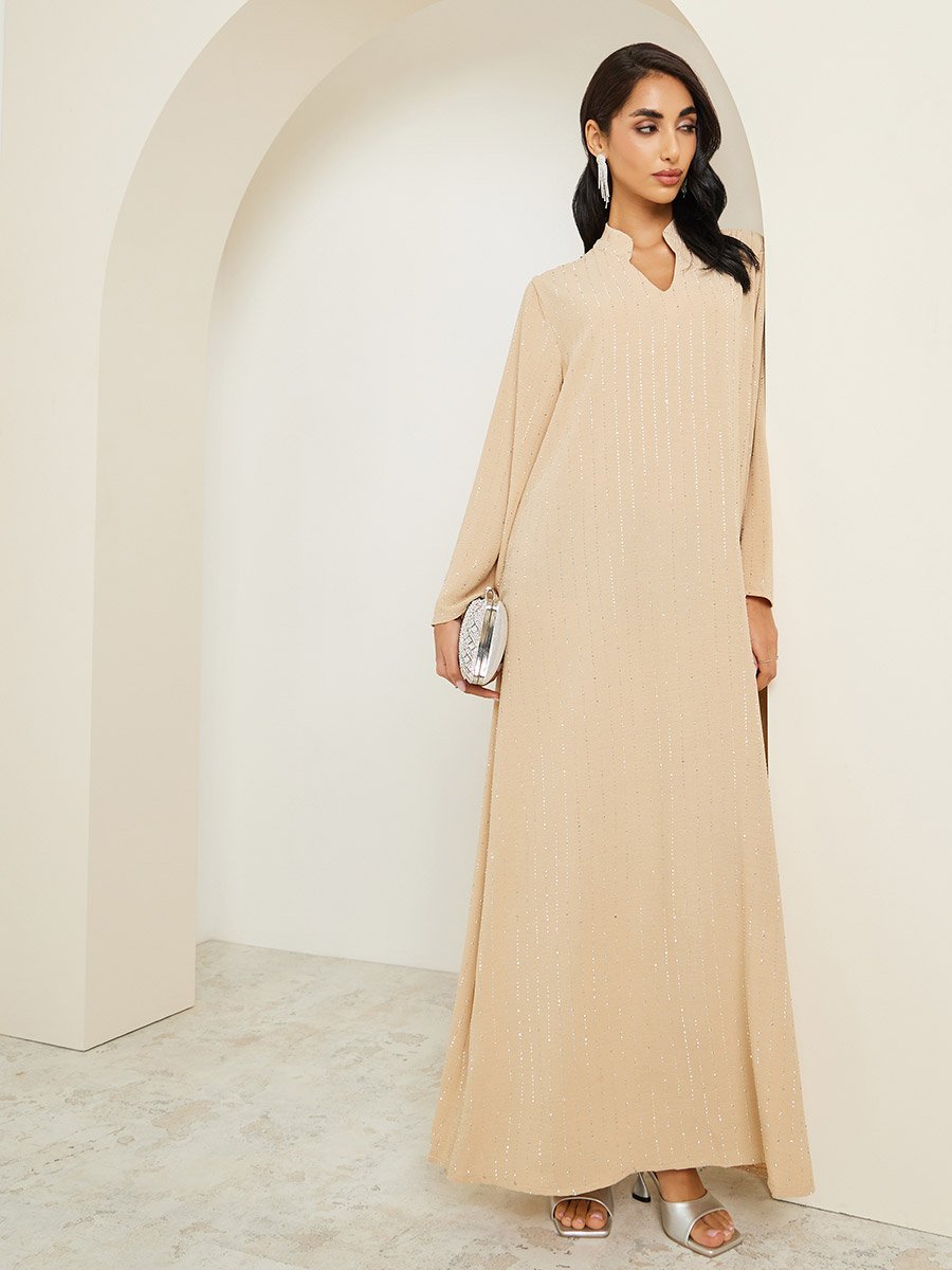 Women Crystal Embellished Jalabiya with Stand Collar