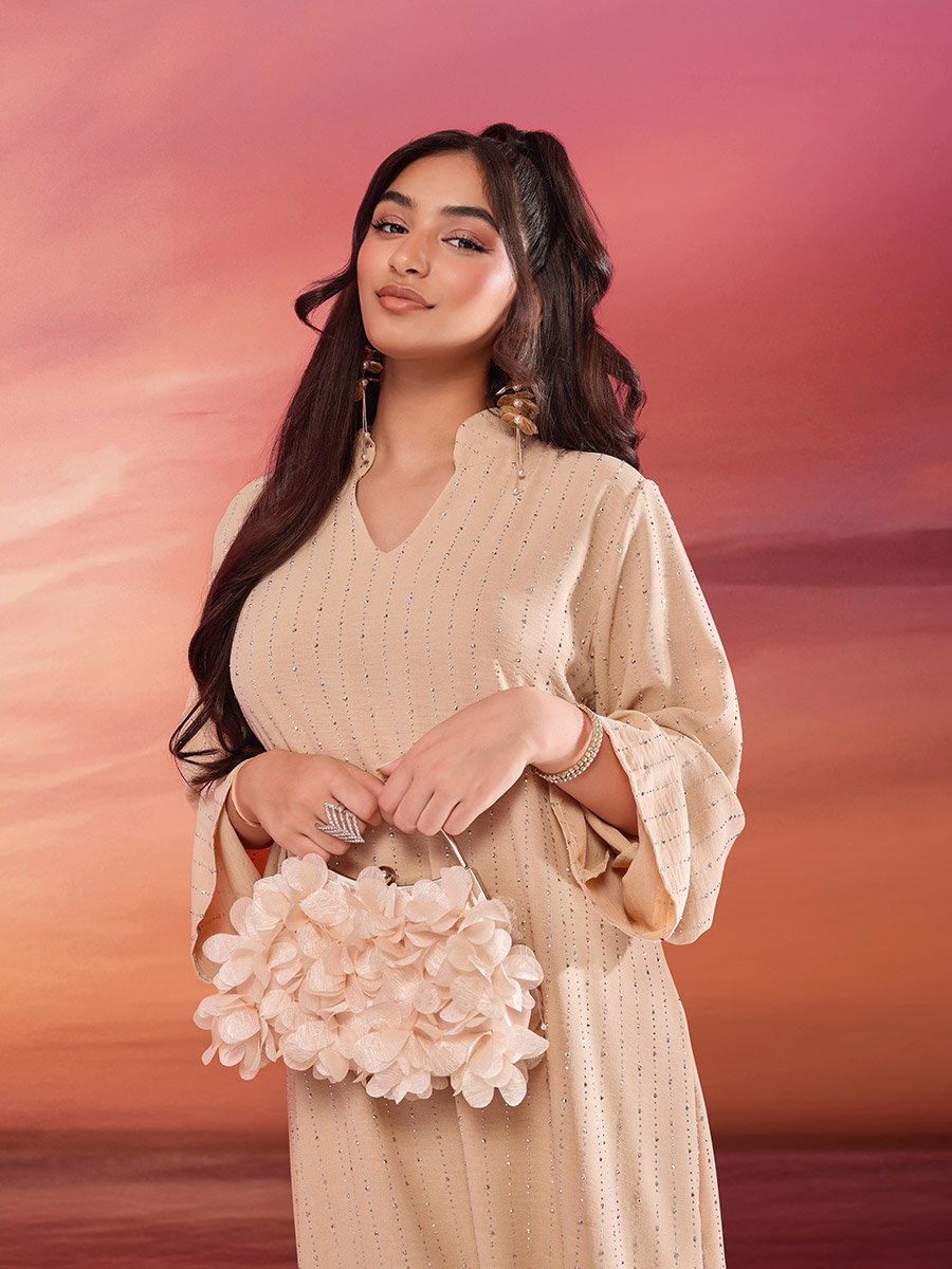 Women Crystal Embellished Jalabiya with Stand Collar
