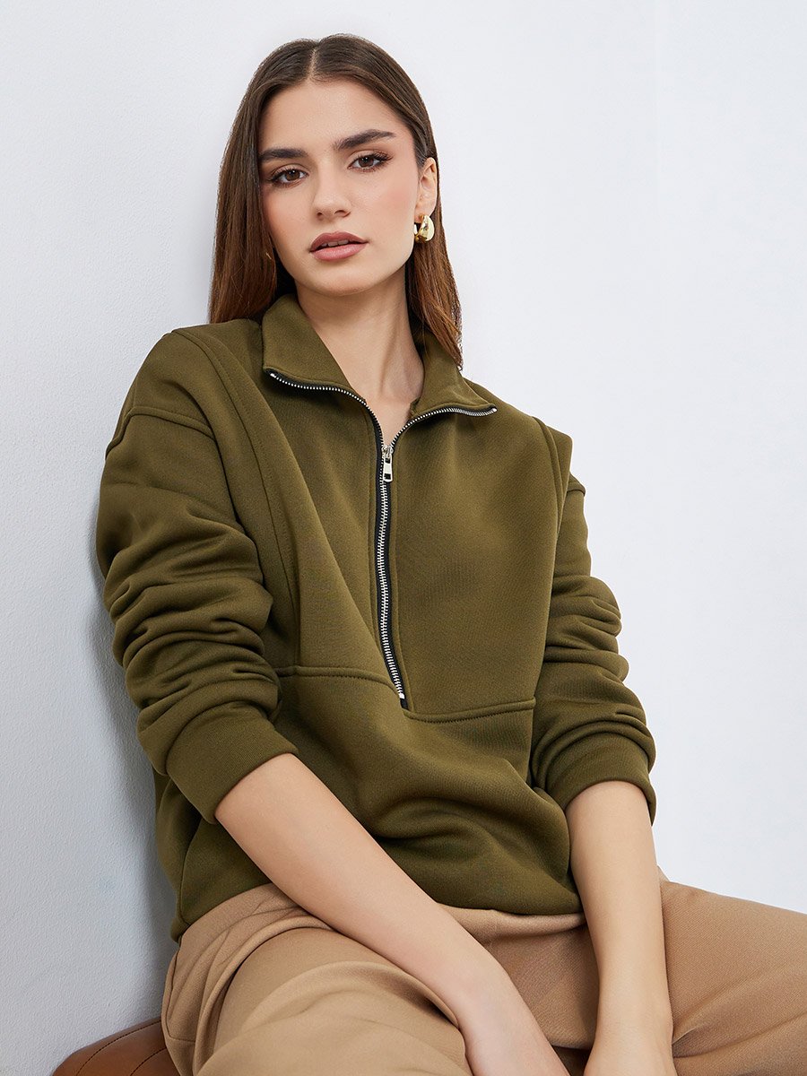 Women Olive Green Zip-Neck Sweatshirt