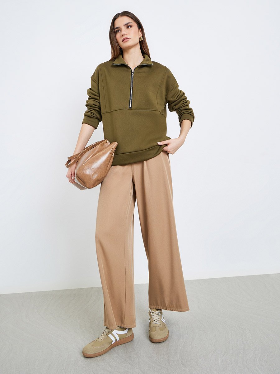 Women Olive Green Zip-Neck Sweatshirt