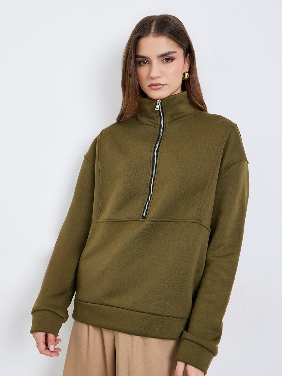 Women Olive Green Zip-Neck Sweatshirt