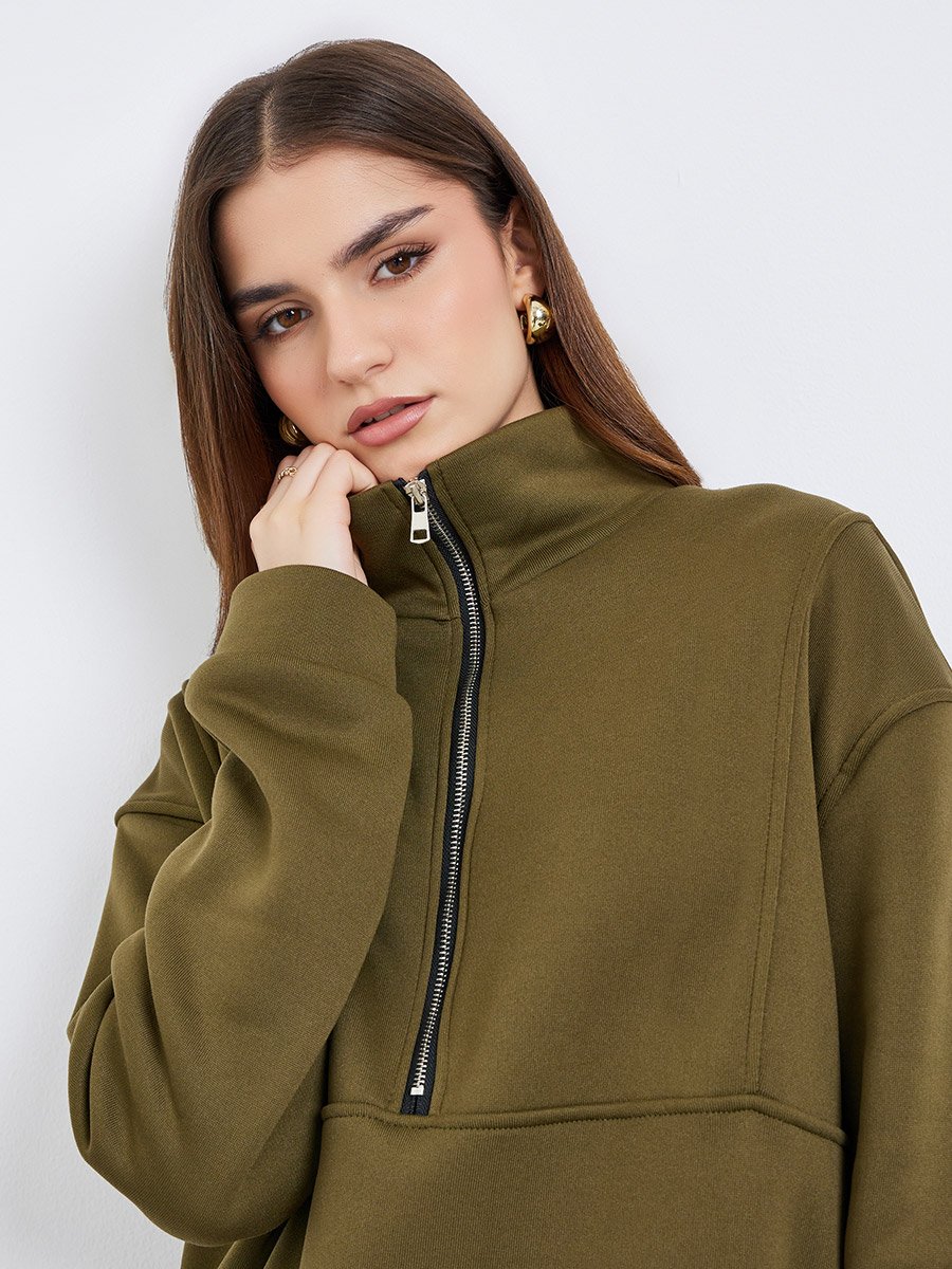 Women Olive Green Zip-Neck Sweatshirt