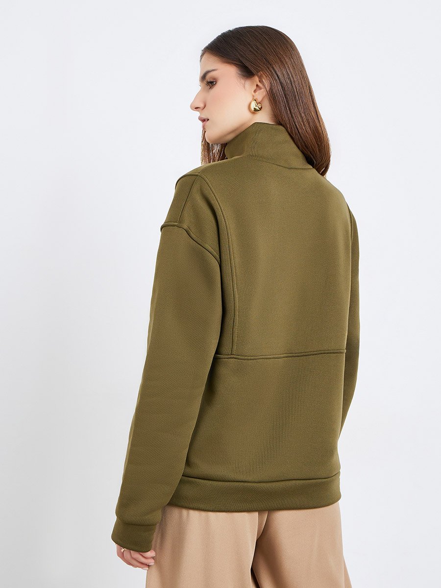 Women Olive Green Zip-Neck Sweatshirt