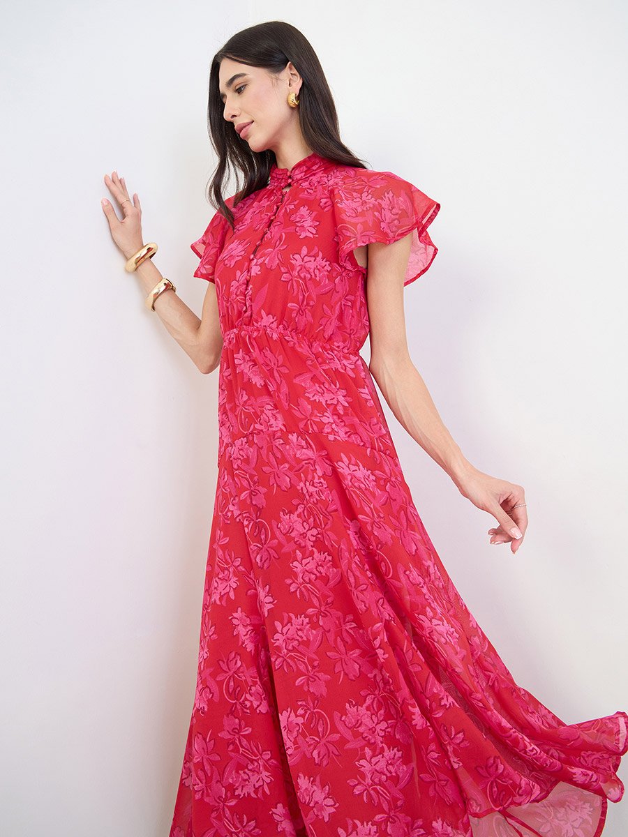 Pink Floral Ruffle Sleeves A-Line Maxi Dress