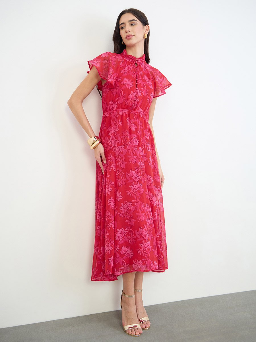 Pink Floral Ruffle Sleeves A-Line Maxi Dress