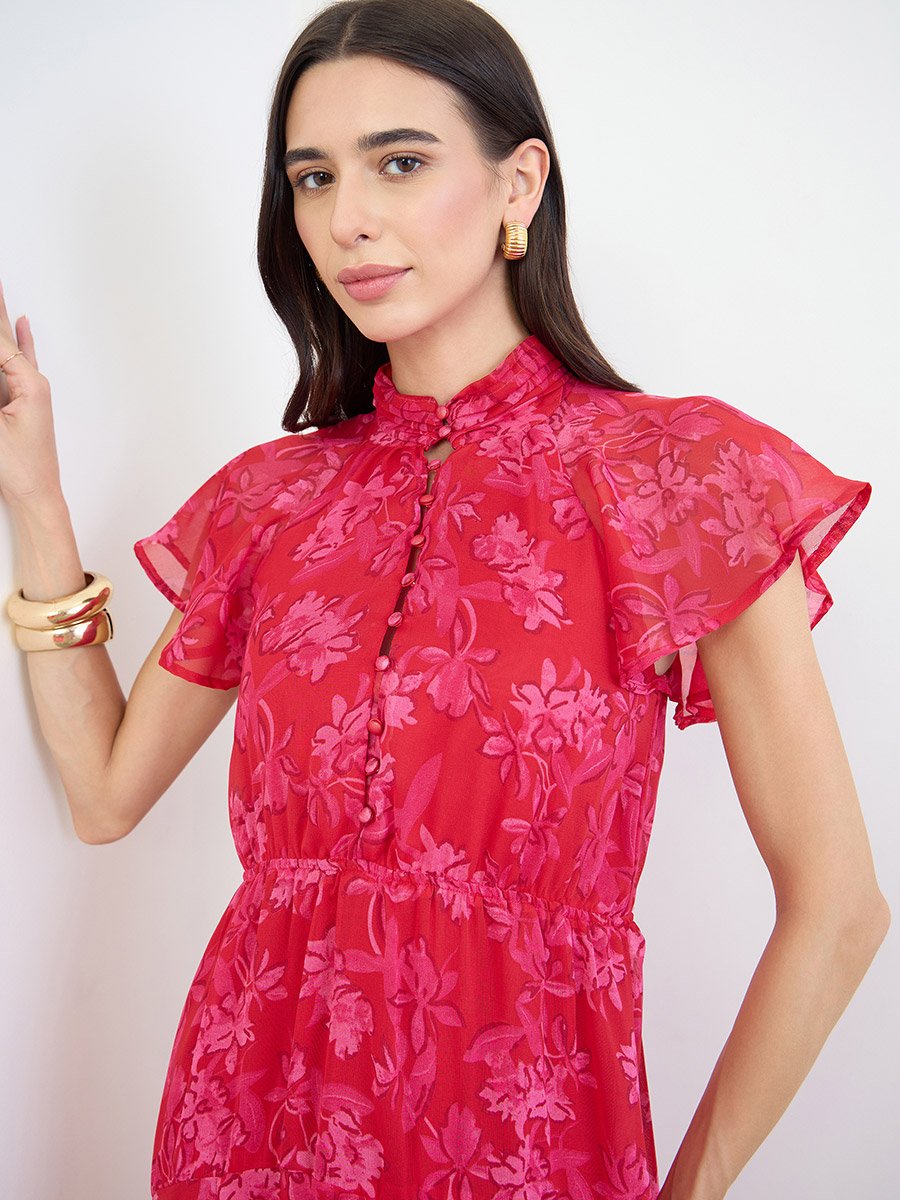 Pink Floral Ruffle Sleeves A-Line Maxi Dress