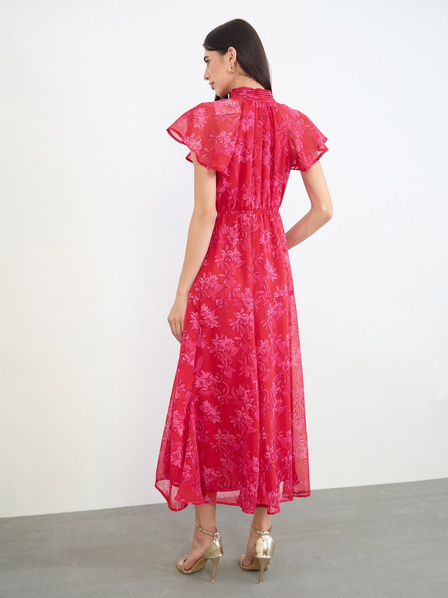 Pink Floral Ruffle Sleeves A-Line Maxi Dress