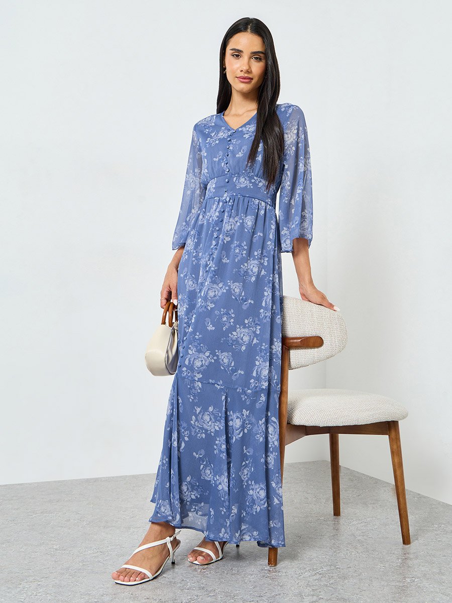 Blue Floral Print Mermaid Maxi Dress with 3/4th Sleeves