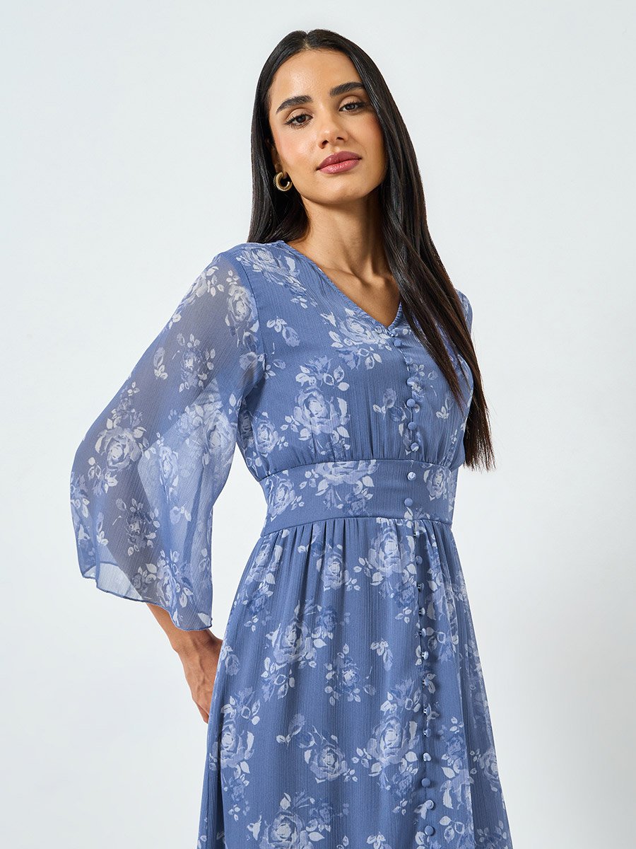 Blue Floral Print Mermaid Maxi Dress with 3/4th Sleeves