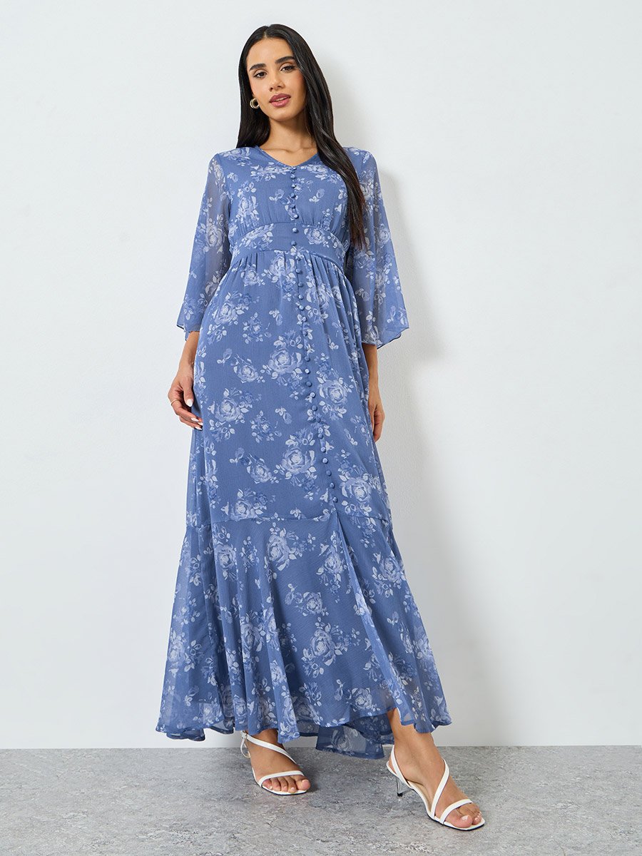 Blue Floral Print Mermaid Maxi Dress with 3/4th Sleeves