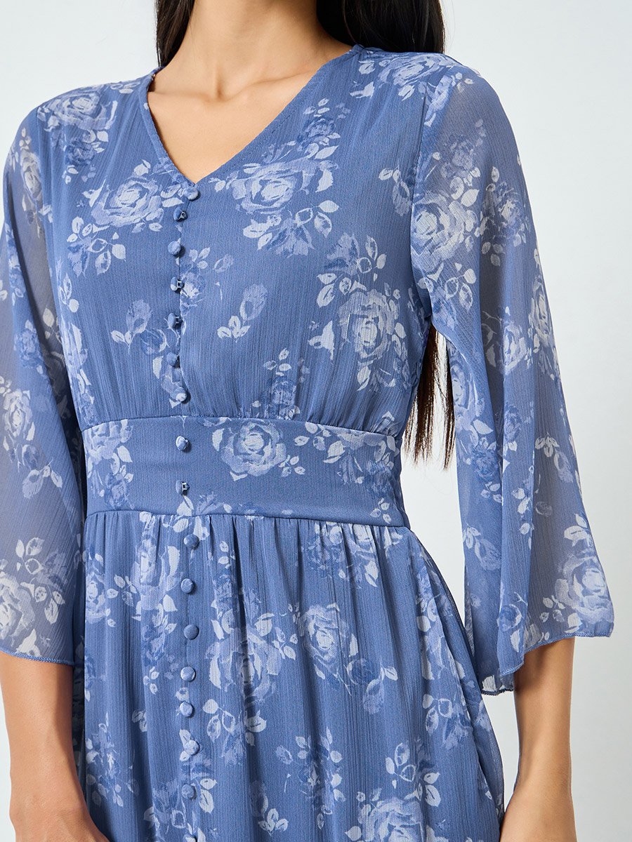 Blue Floral Print Mermaid Maxi Dress with 3/4th Sleeves