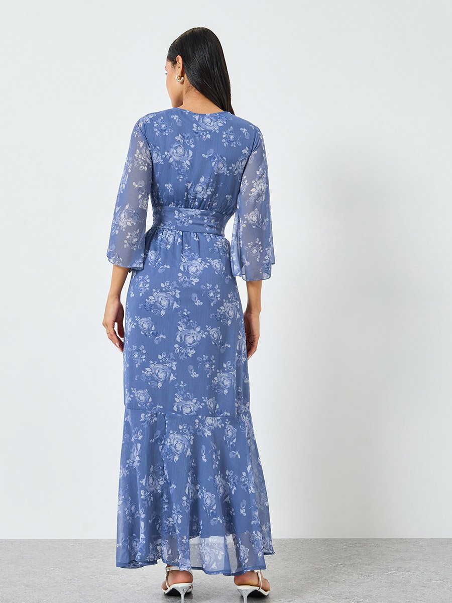 Blue Floral Print Mermaid Maxi Dress with 3/4th Sleeves