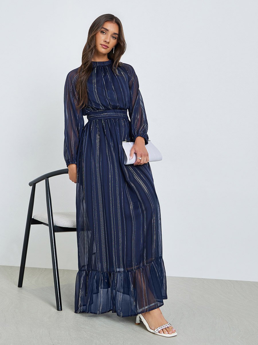 Women Blue Striped Balloon Sleeves A-Line Maxi Dress For Women at UAE |  Styli