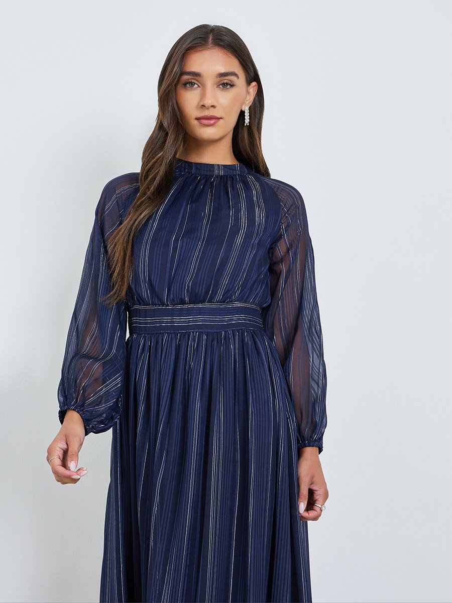 Women Blue Striped Balloon Sleeves A-Line Maxi Dress For Women at Kuwait |  Styli