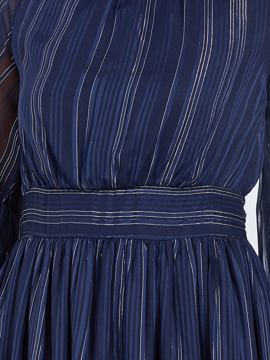 Women Blue Striped Balloon Sleeves A-Line Maxi Dress