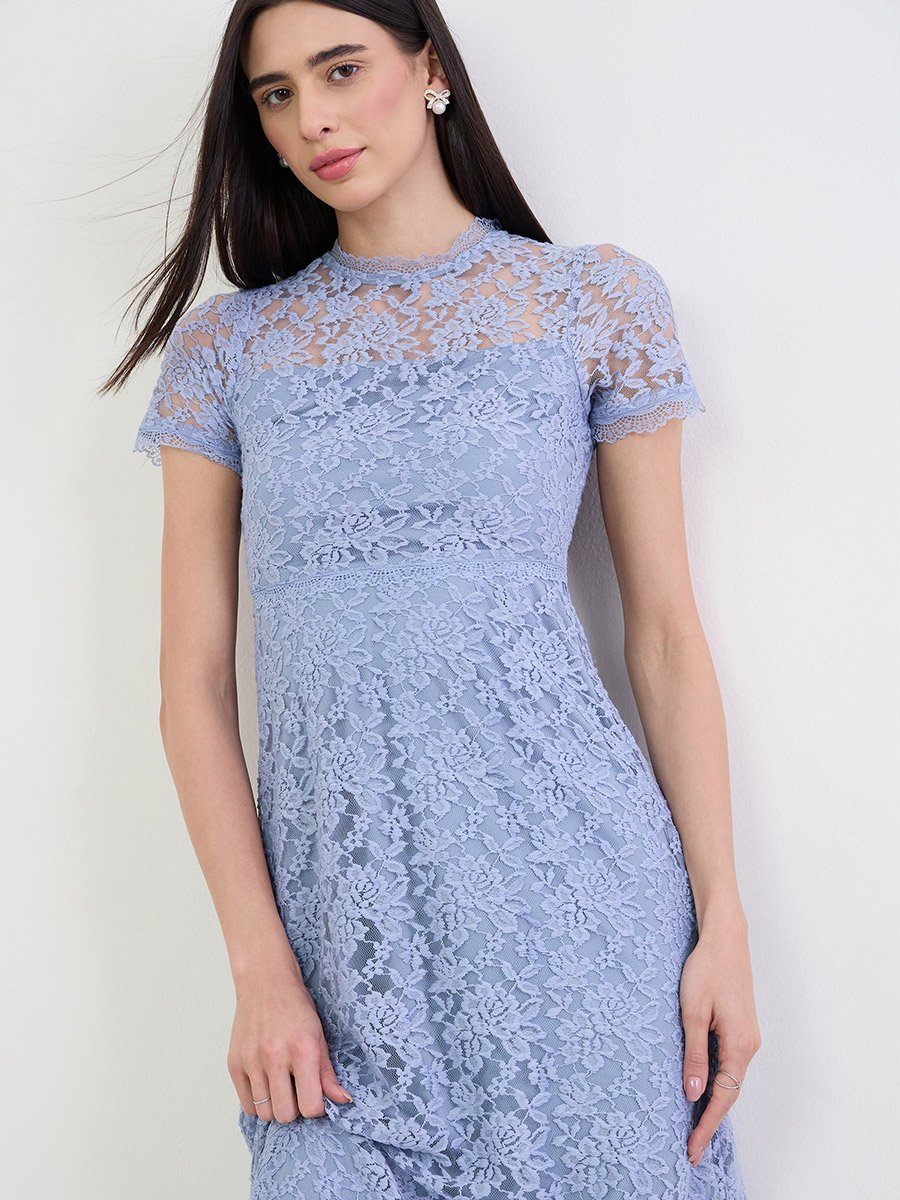 Blue Lace Maxi Dress with Short Sleeves