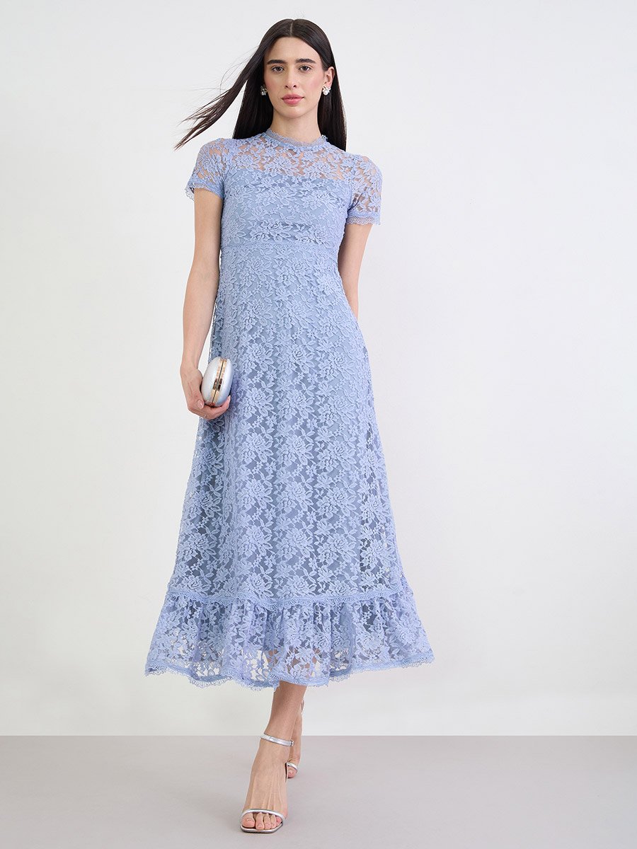 Blue Lace Maxi Dress with Short Sleeves