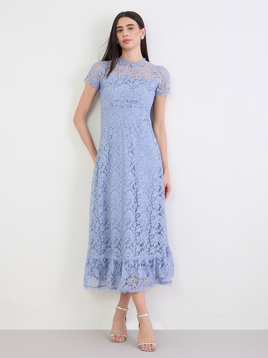 Blue Lace Maxi Dress with Short Sleeves