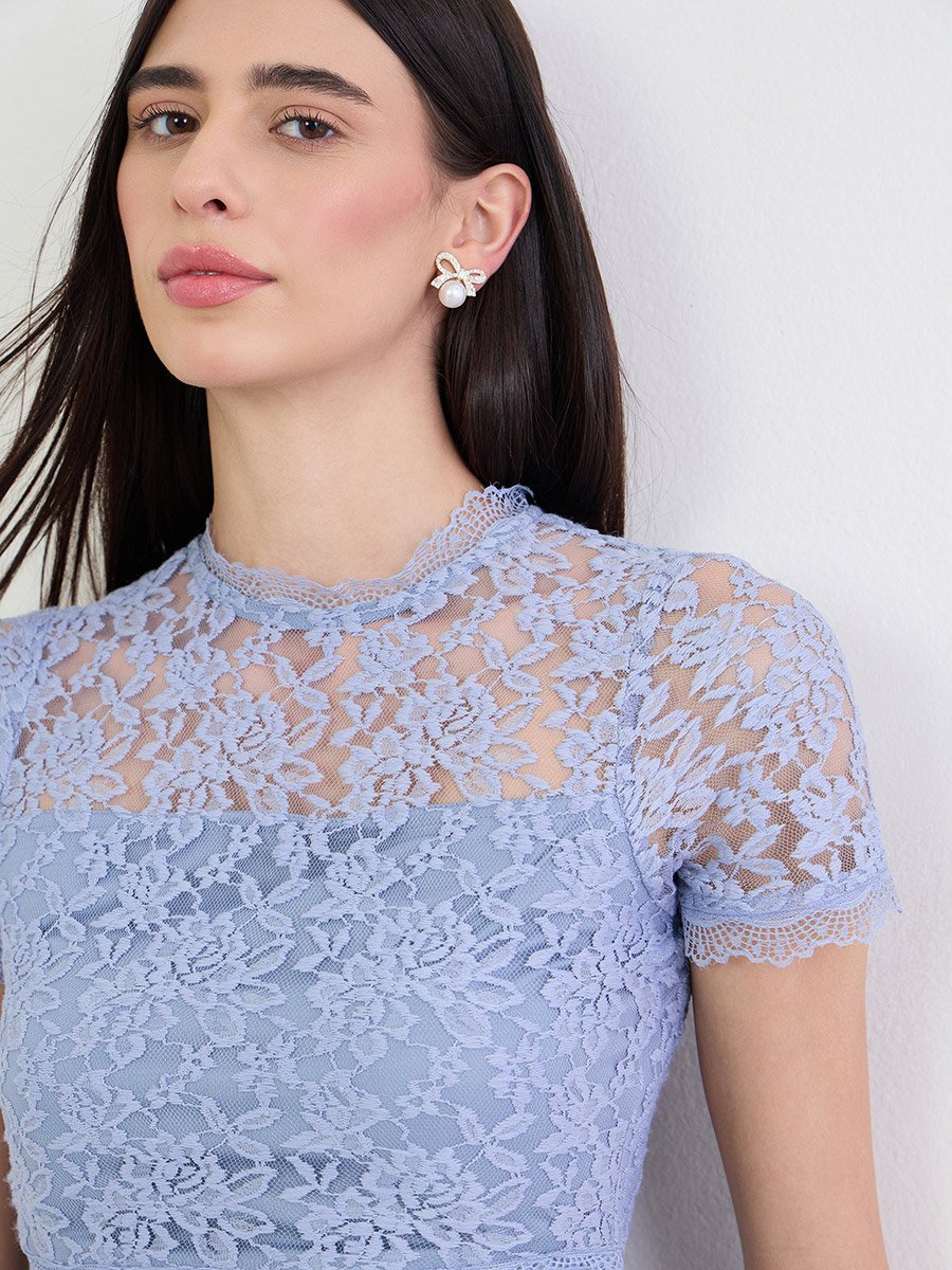 Blue Lace Maxi Dress with Short Sleeves