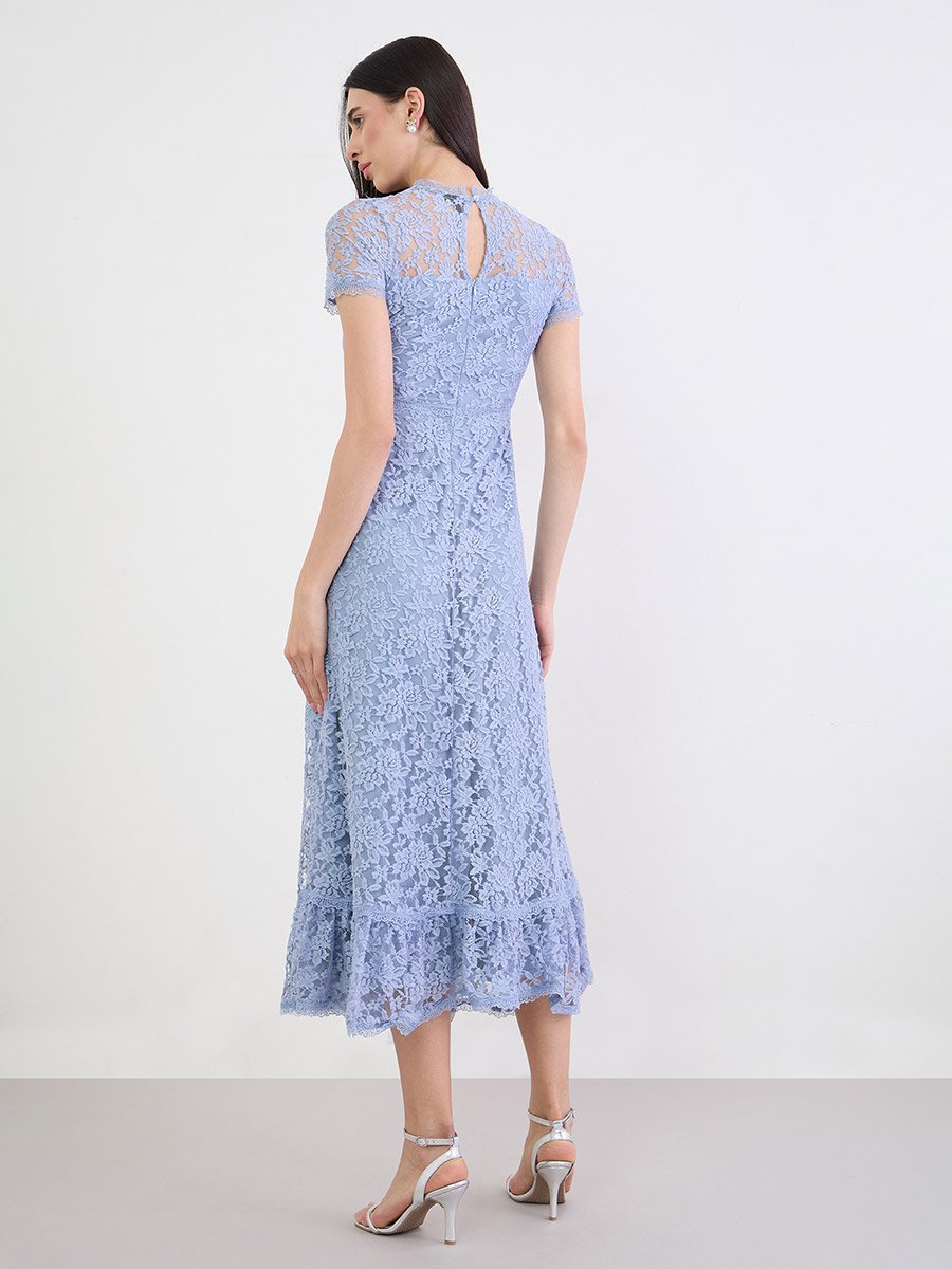 Blue Lace Maxi Dress with Short Sleeves