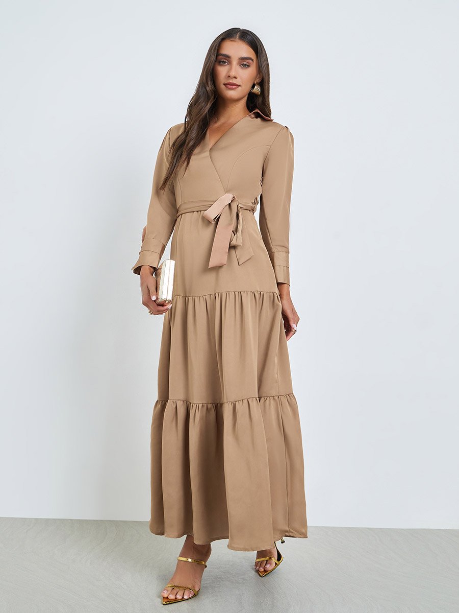 Brown Wrap Front Tiered Maxi Dress