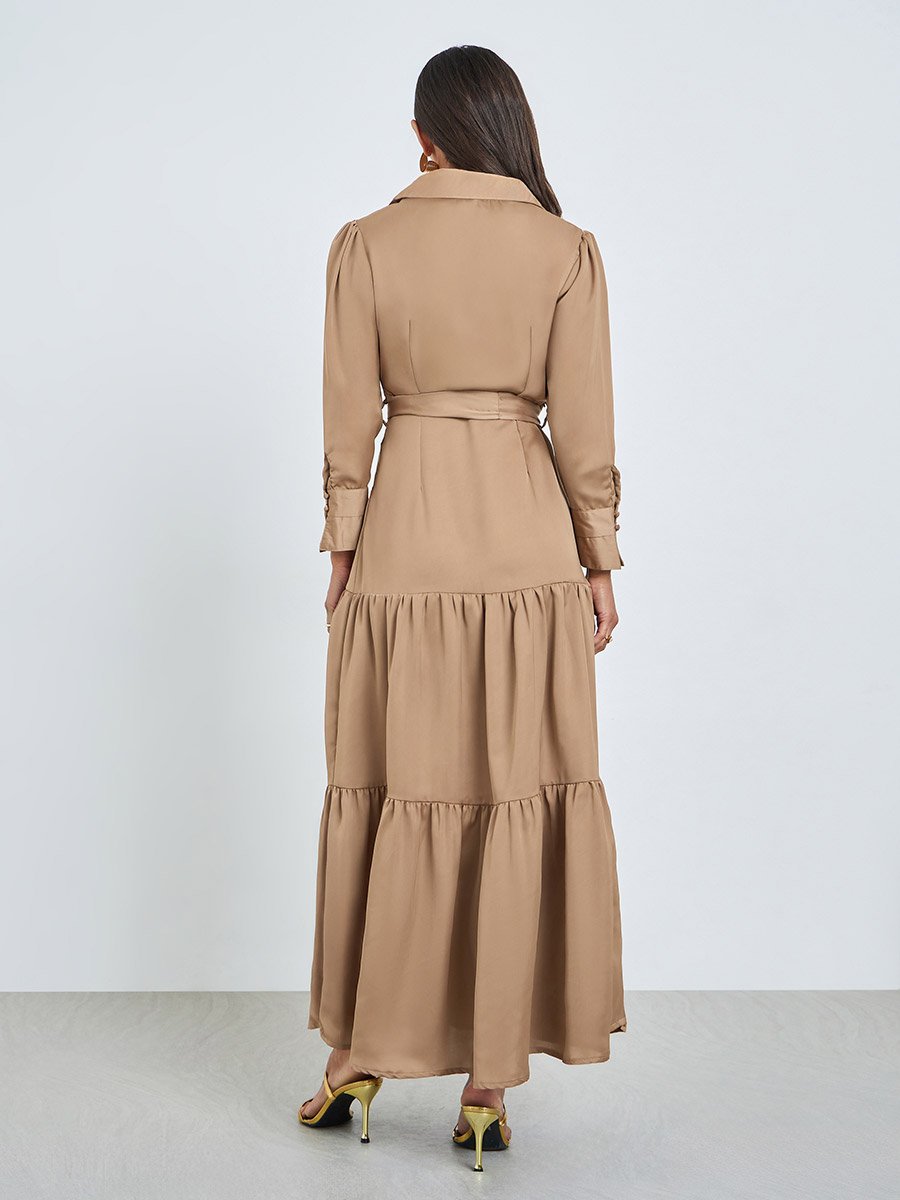 Brown Wrap Front Tiered Maxi Dress