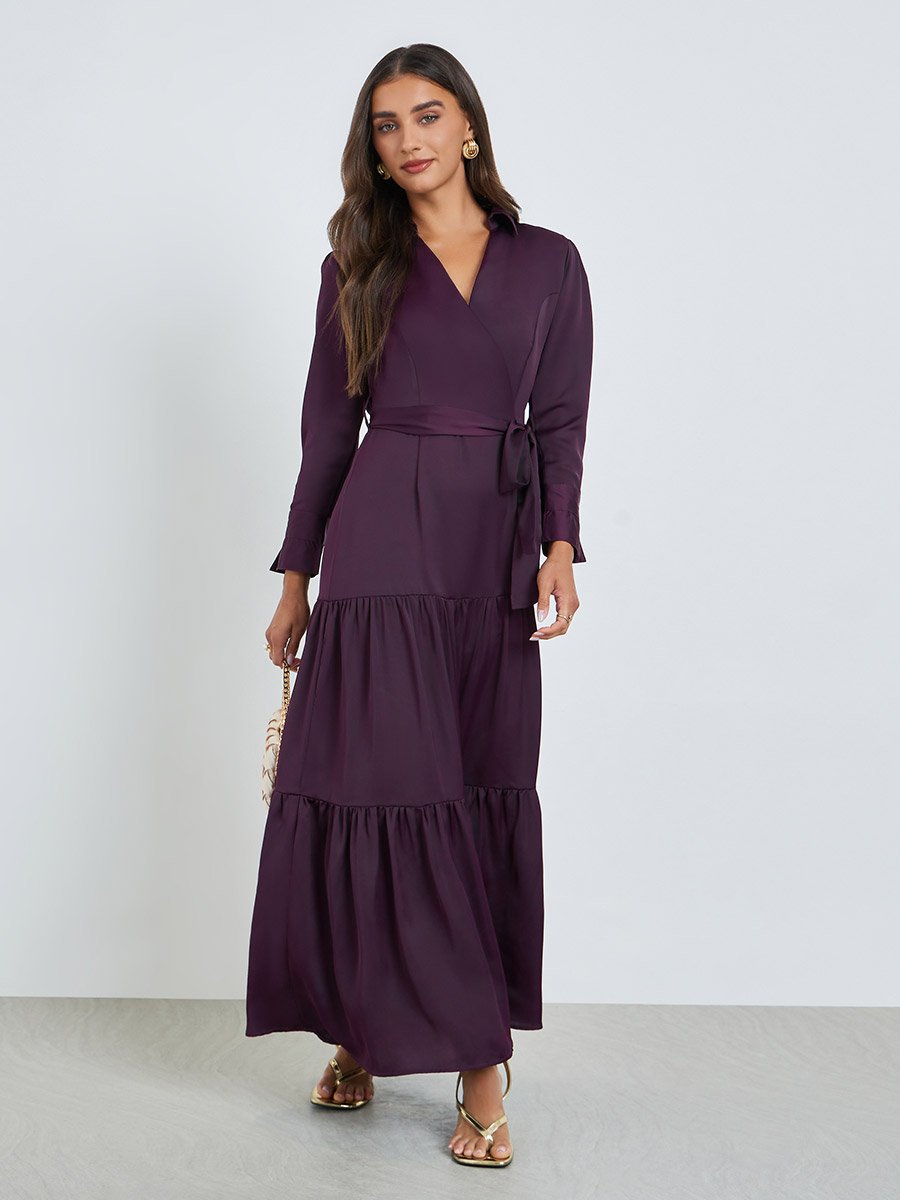 chinese dress ladies Purple Tropical Short Sleeve Tiered Maxi Dress Large main image 1
