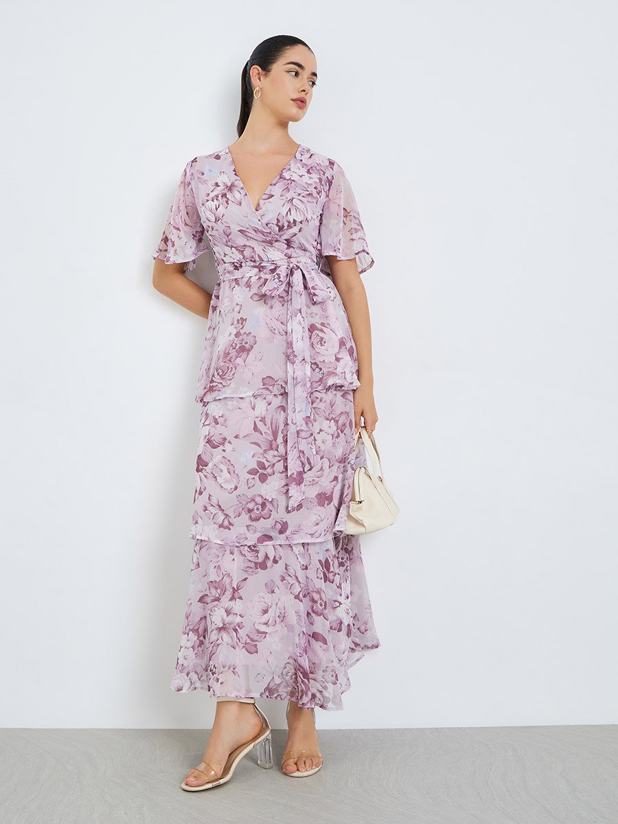 Women Pink Floral Print Wrap Tiered Maxi Dress