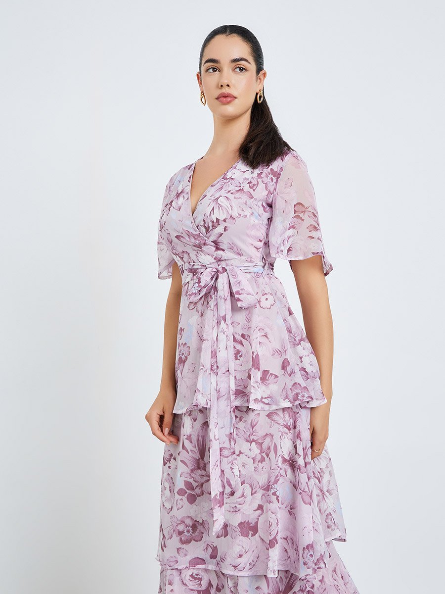 Women Pink Floral Print Wrap Tiered Maxi Dress