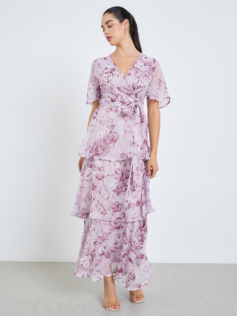 Women Pink Floral Print Wrap Tiered Maxi Dress