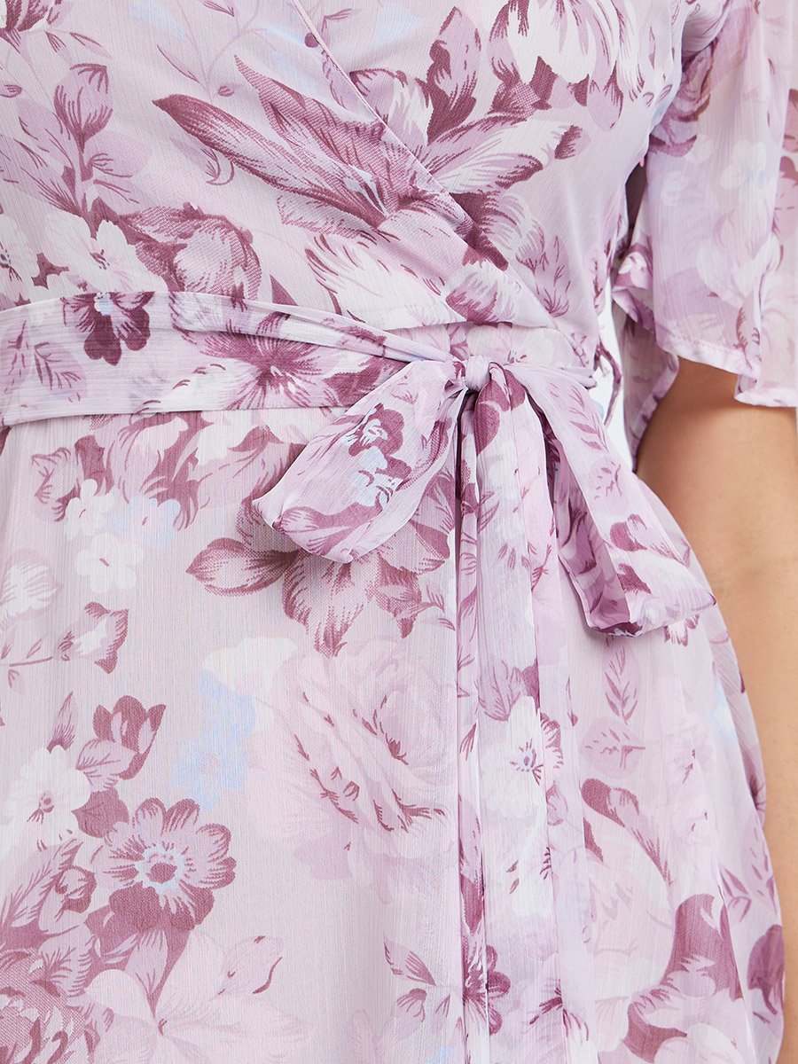 Women Pink Floral Print Wrap Tiered Maxi Dress