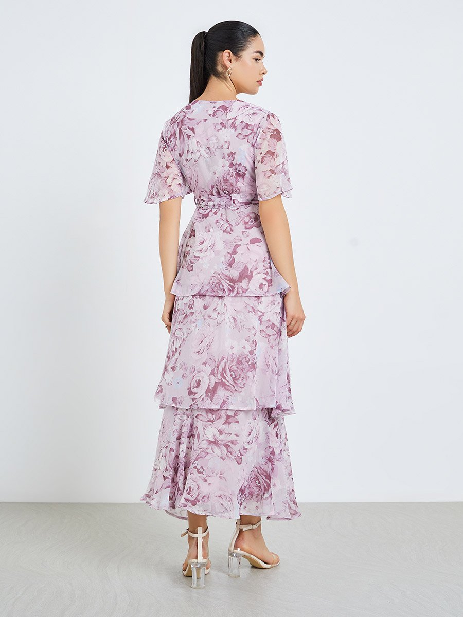 Women Pink Floral Print Wrap Tiered Maxi Dress